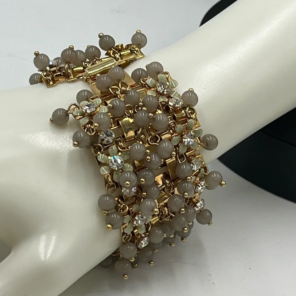J.Crew Cluster Crystal Flowers Grey Lucite Beads Signed‎ Statement Bracelet